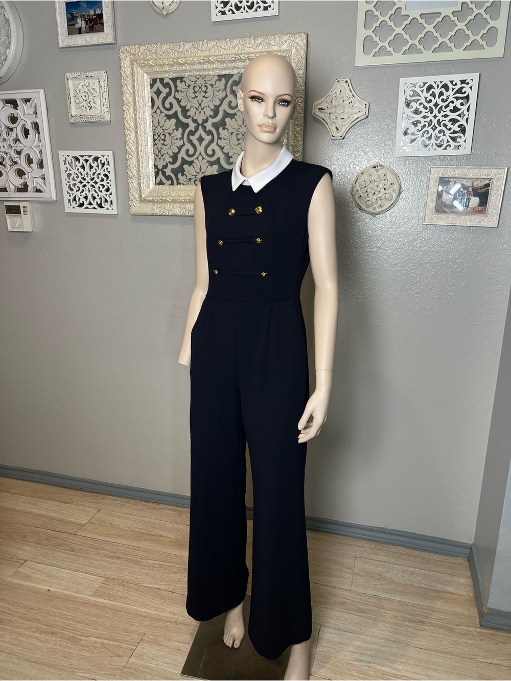 Shelby & Palmer Navy Blue Sleeveless Jumpsuit with White Collar and Gold Buttons - Picture 6 of 12